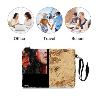 Woman with Red Flower - Sequin Makeup Bag
