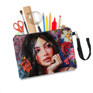 Woman with Red Flower - Sequin Makeup Bag